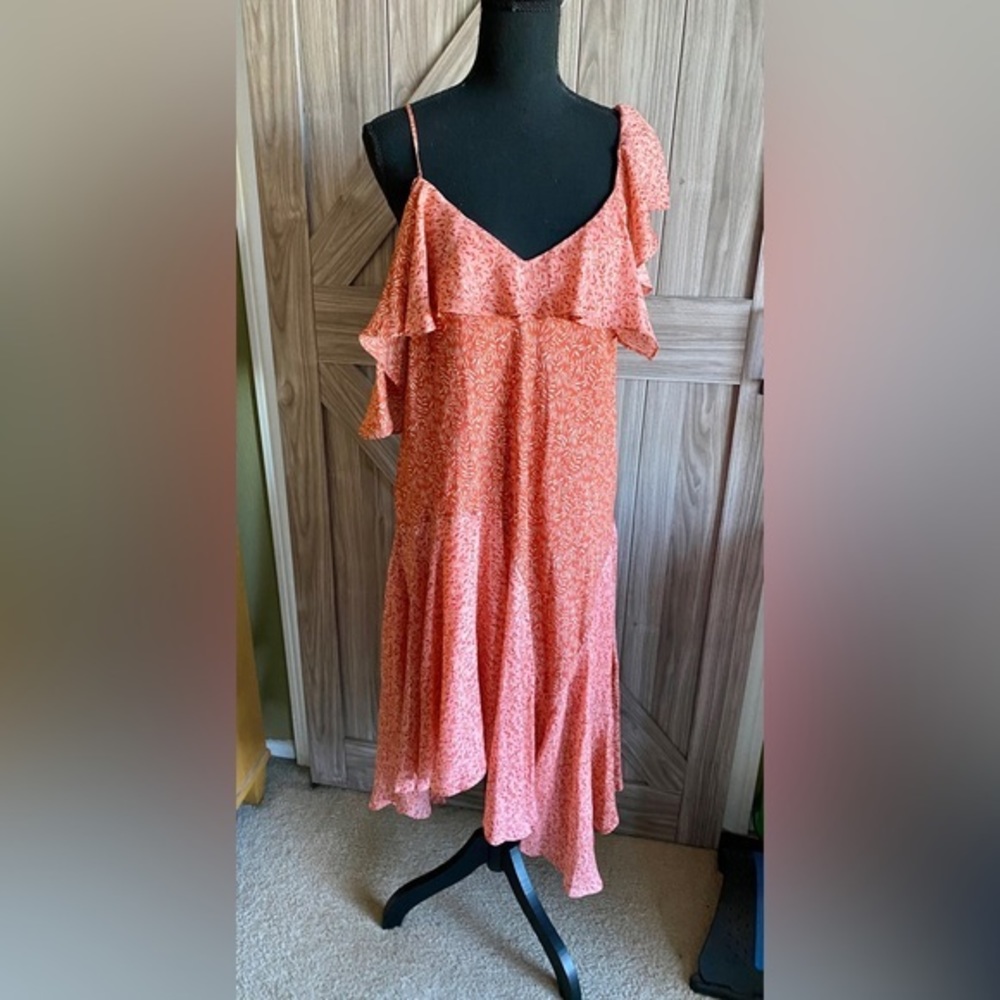 Joie coral colored leaf print asymmetrical shoulder drape dress